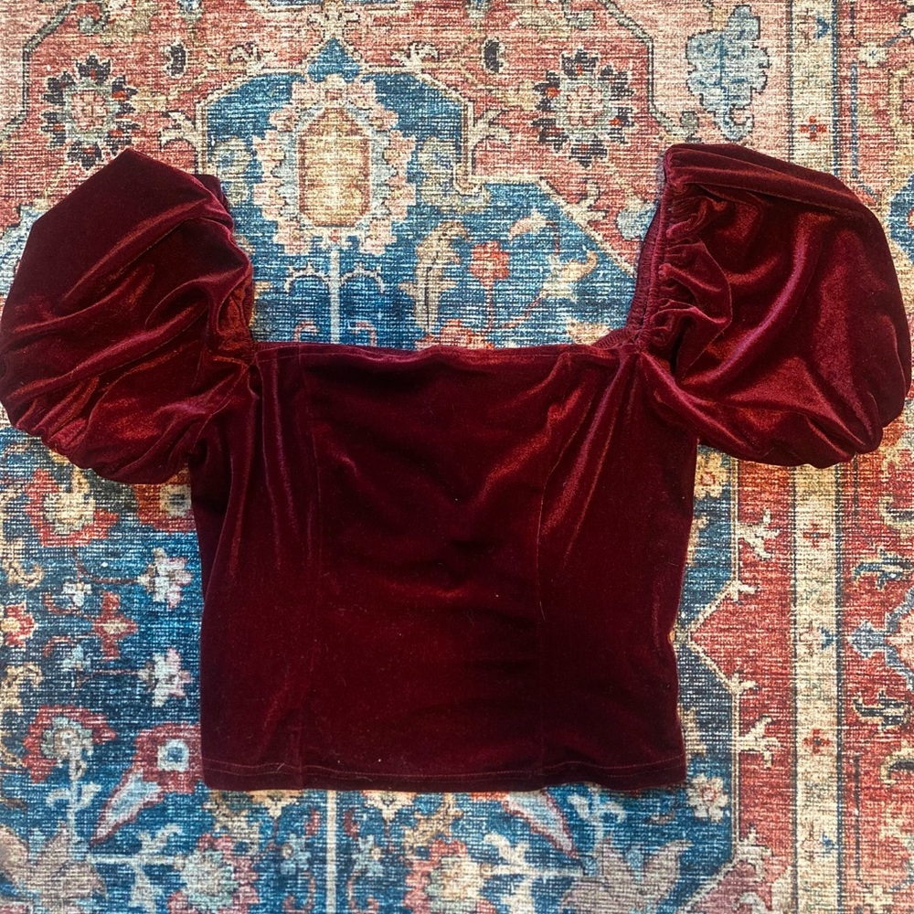 Maroon velvet puff sleeve shirt